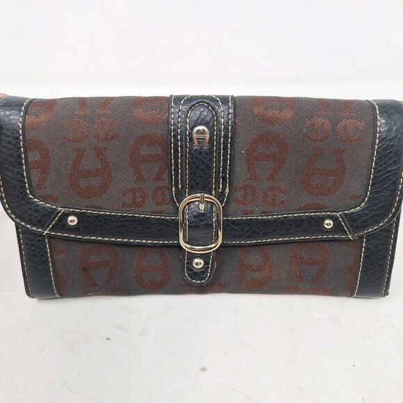 Etienne Aigner Brown Black Leather Signature Jacquard Accordian Snap Wallet - Picture 3 of 13